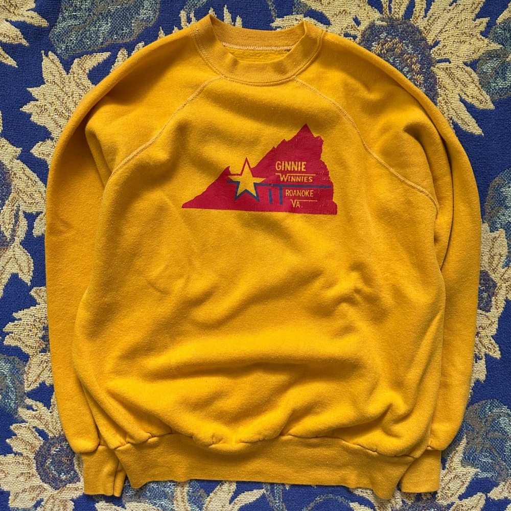Vintage 70s Ginnie Winnies Roanoke VA Crewneck Sweatshirt Yellow Medium